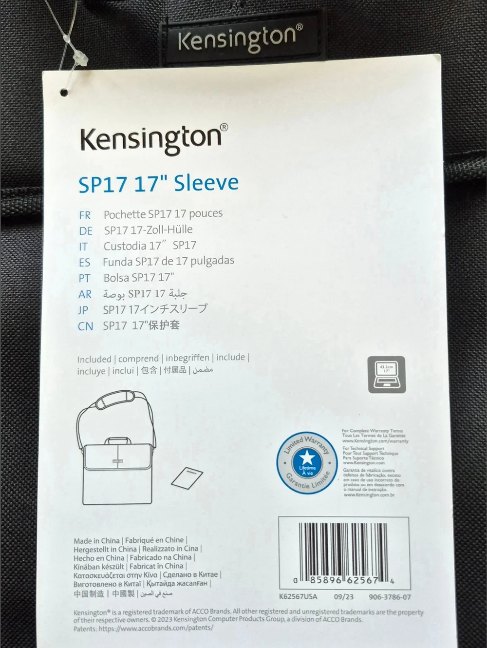 Kensington SP 17 Padded Interior Laptop Sleeve, Black, 17